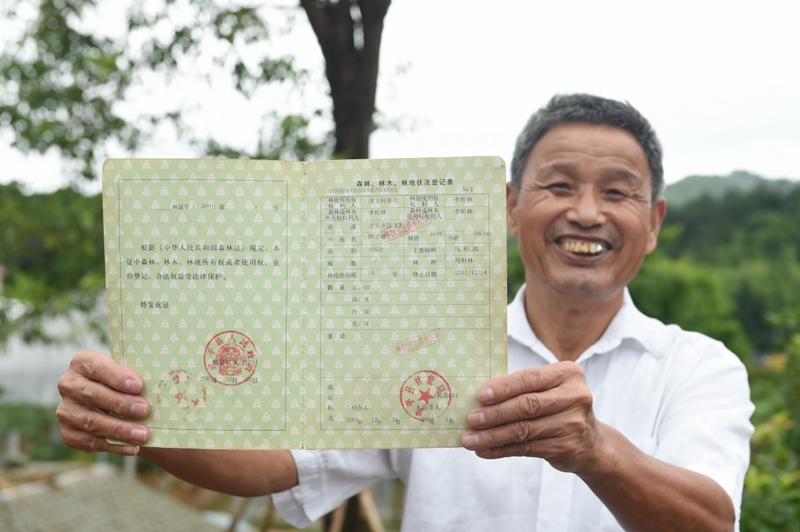 2017年6月13日，福建武平縣萬安鎮(zhèn)捷文村村民李桂林展示林權改革后領到的全國第一本新式林權證。