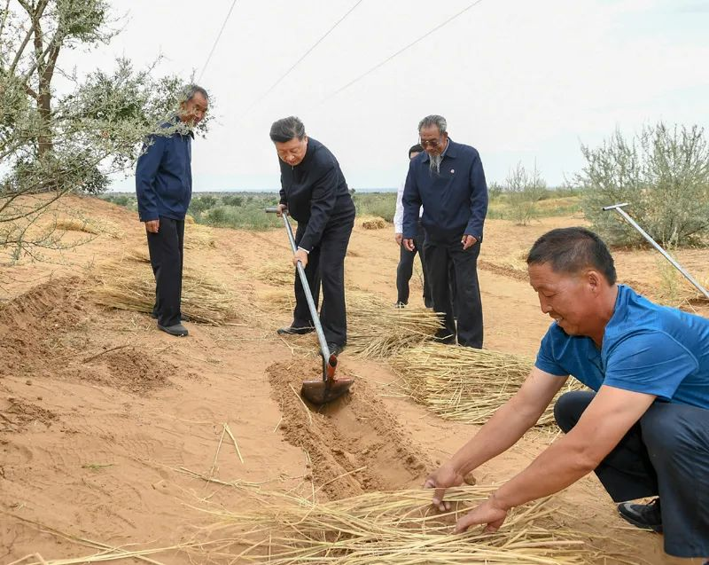 2019年8月21日，習(xí)近平來到甘肅省武威市古浪縣八步沙林場(chǎng)，實(shí)地察看當(dāng)?shù)刂紊吃炝?、生態(tài)保護(hù)等情況。新華社記者 謝環(huán)馳 攝