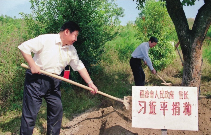 2001年10月，習(xí)近平在龍巖市長汀縣調(diào)研水土流失治理工作，在河田世紀(jì)生態(tài)園為樹培土。圖源：《習(xí)近平在福建（下）》