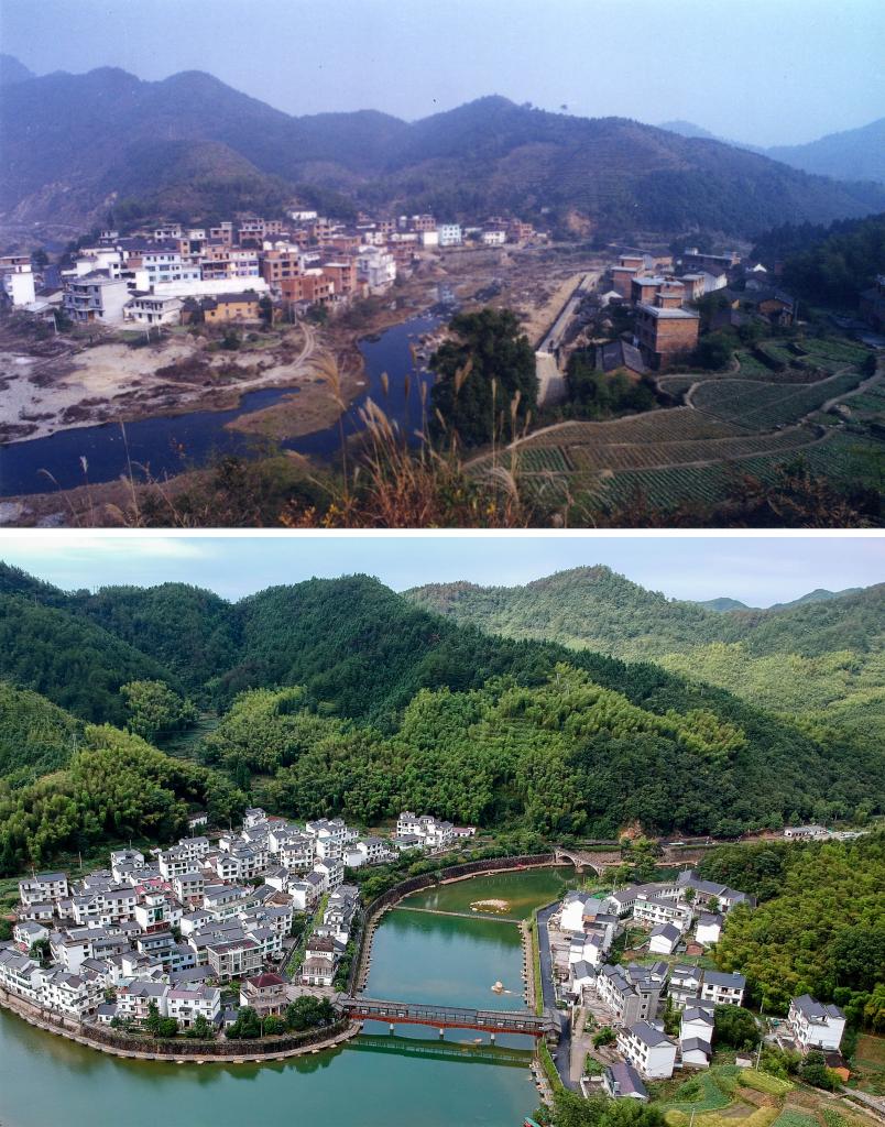 圖為浙江省杭州市淳安縣楓樹嶺鎮(zhèn)下姜村拼版圖，其中上圖為資料照片、下圖由新華社記者張鋮攝。